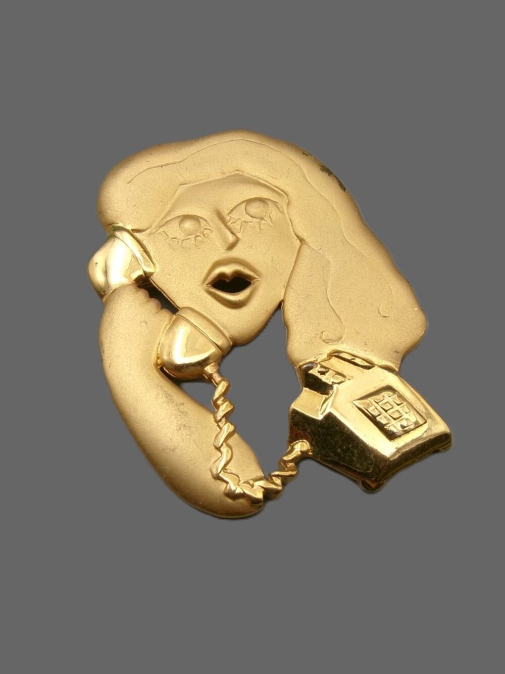 JJ Jonette Gold Woman on Telephone Brooch, Vintage Figural Pin